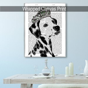 May include: Black and white illustration of a Dalmatian dog wearing a green jeweled crown on a white background with black text. The text is from a book and is blurry.