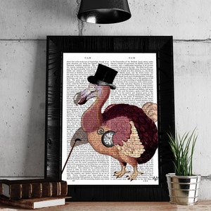 May include: A whimsical illustration of a pink dodo bird wearing a top hat and monocle, holding a walking stick and a pocket watch. The bird is perched on a page of text from an old book. The text is about the history of the Isle of Ely, Cambridgeshire, England.