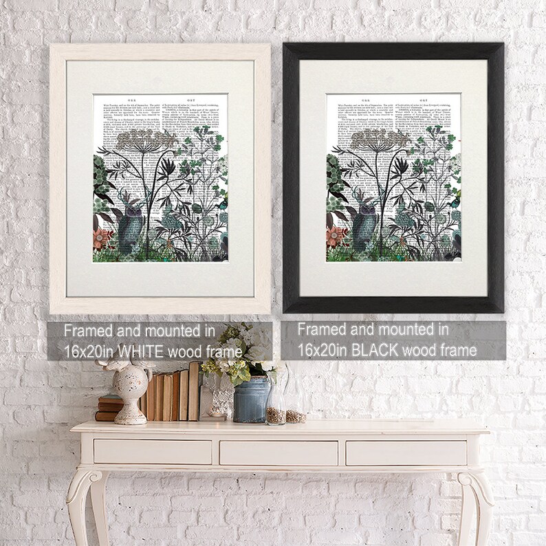May include: Two framed prints of a botanical illustration with a black and white background and green and blue accents. The prints are framed in white and black wood frames. The frames are 16 inches by 20 inches.