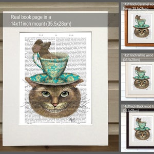 Alice in Wonderland Art, Cheshire Cat Teacup on Head Cheshire cat alice in wonderland print Mad hatter tea party decoration alice dormouse image 2