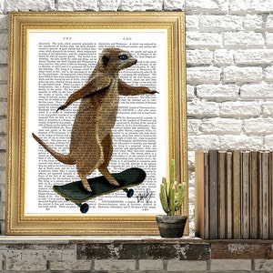 Meerkat On Skateboard, Digital Art Illustration Mixed Media Original Print Wall art Wall Decor Wall Hanging Illustration Meerkat print