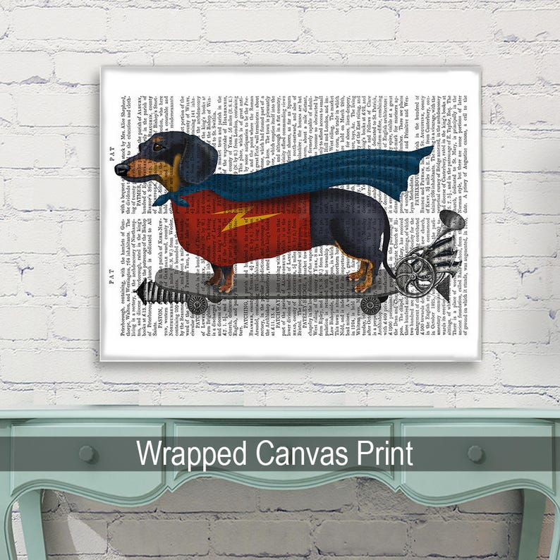May include: A black and tan dachshund wearing a red and blue superhero cape and holding a lightning bolt, is skateboarding on a book page background.