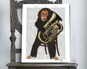 Monkey Print - Chimpansee & Tuba - wall art wanddecoratie Wall Hanging Nursery Art for Kids Room Decor apenkunst jungle dierenprints
