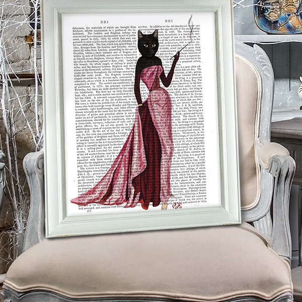Glamour Cat Pink Glamour Puss black cat poster black cat decor cat illustration cat picture black cat gift cat lover black cat Print Hostess