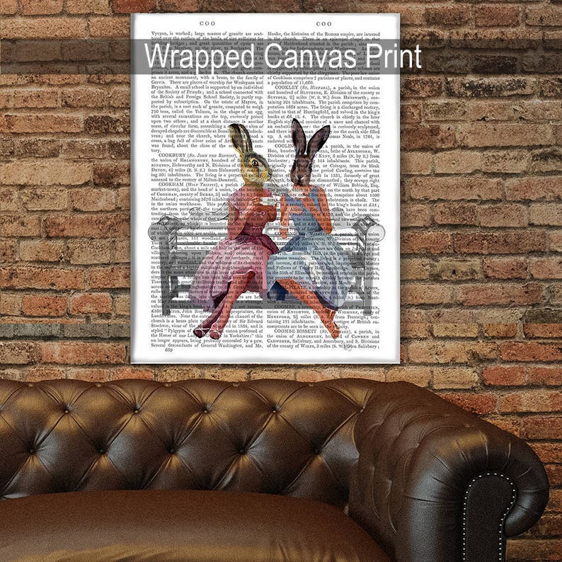 May include: Two rabbits dressed in vintage dresses are sitting on a bench, holding teacups. The background is a vintage book page with text. The image is a whimsical illustration of two rabbits enjoying tea time.