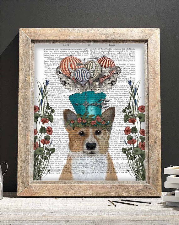 Corgi Print - Milliners Dog - Pembroke Welsh corgi art print corgi wall art Whimsical art Unique kid gift Cute animal art for kids rooms