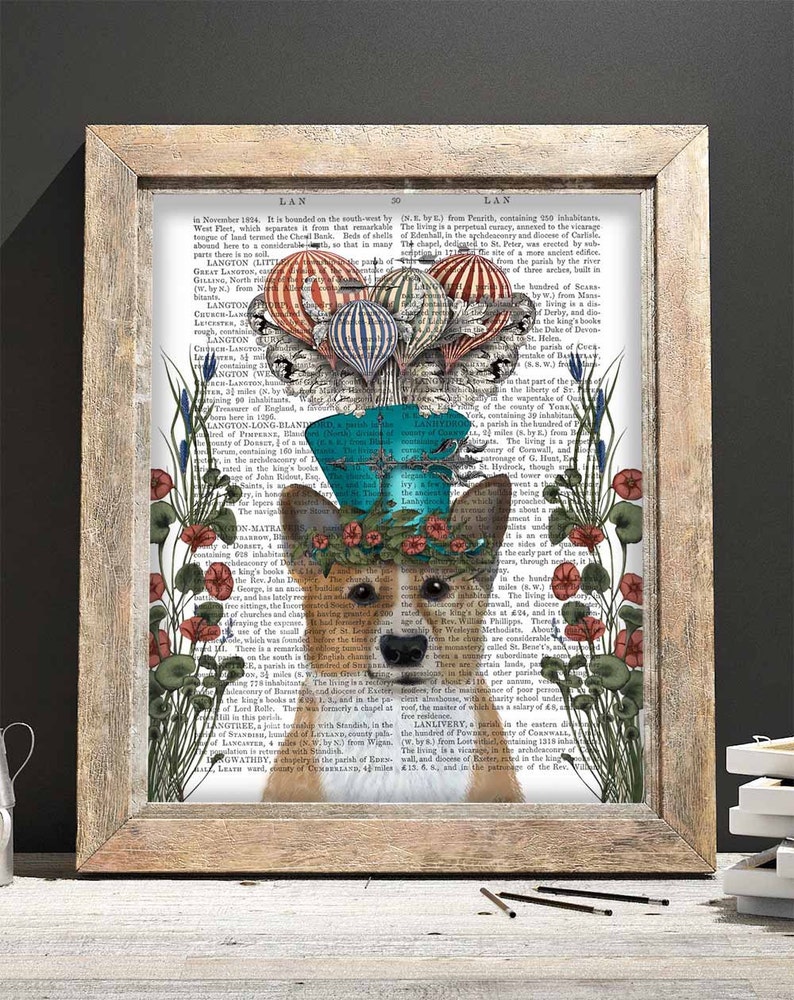 May include: A whimsical illustration of a corgi wearing a blue and green crown with hot air balloons and flowers. The background is a vintage book page with text about the town of Langton.