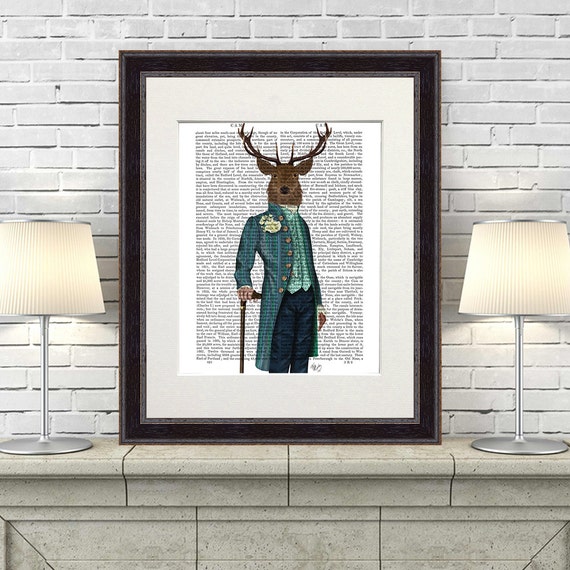 Deer Art - The Flamboyant Deer leaving gift bookworm gift Dining room art Living room décor regency era deer in suit stag print stag antlers