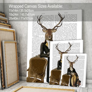 May include: A set of three wrapped canvas prints featuring a deer wearing a suit and holding a book. The deer are depicted against a background of vintage text. The canvas sizes are 11x14 inches, 18x24 inches, and 28x40 inches.
