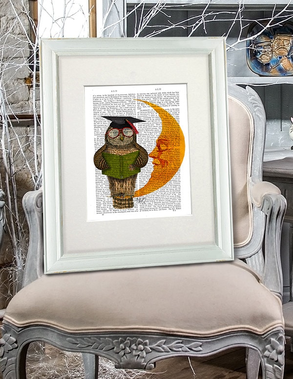 Owl Art - Owl on Moon - Owl wall art Owl illustration teacher appreciation graduation gift graduatio