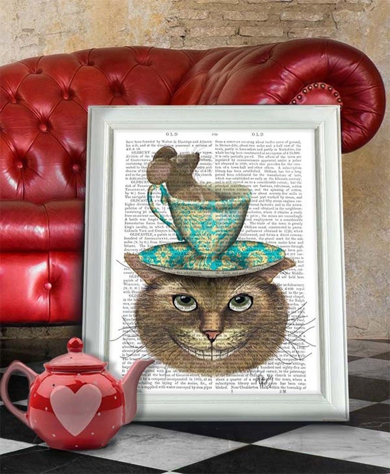 Alice in Wonderland Art, Cheshire Cat Teacup on Head Cheshire cat alice in wonderland print Mad hatter tea party decoration alice dormouse image 1