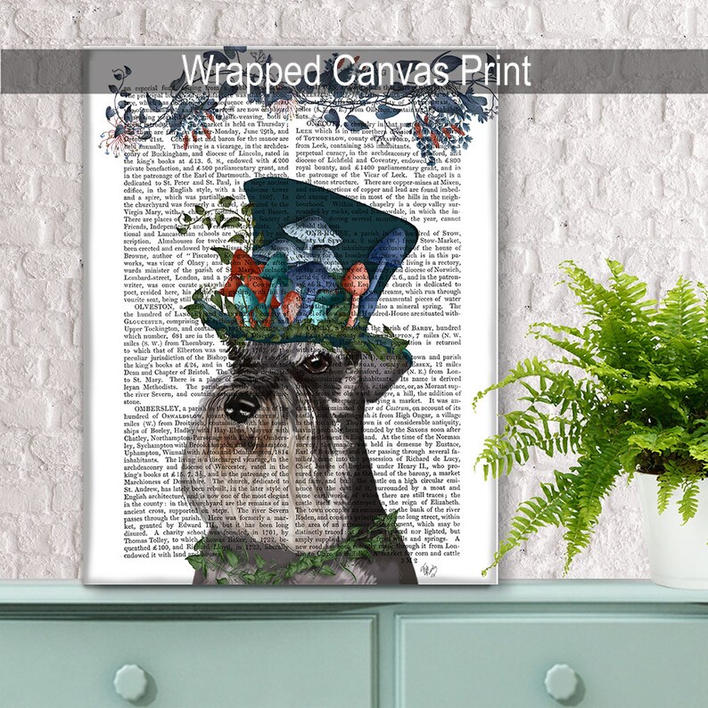 May include: A whimsical illustration of a Schnauzer dog wearing a blue top hat with colorful mushrooms. The image is printed on a vintage book page background.