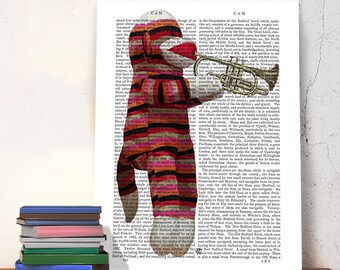 Sock Monkey & Trumpet - sock monkey image modern Nursery Art for Kids Room Décor musical gift for musician music room decor music art print