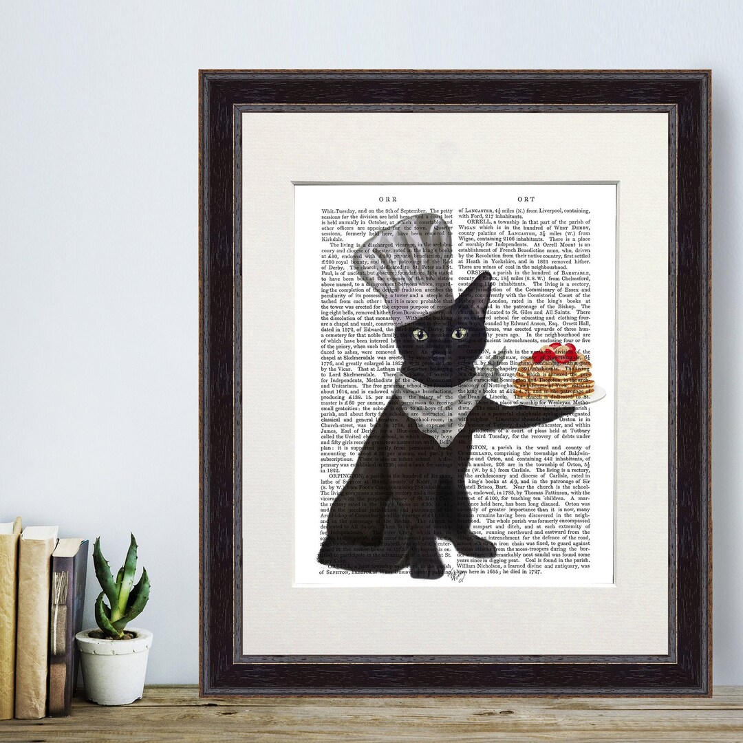black cat chef art print: boho kitchen cooking poster... Black Cat Chef Print, Pancake Day Kitchen Art, Antiquarian Book ...