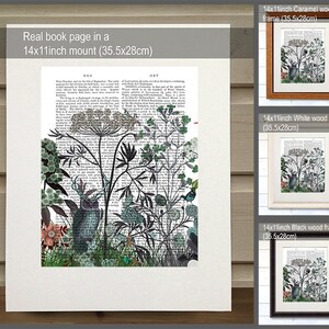May include: A black and white illustration of an owl and other birds in a garden setting, printed on a book page. The image is framed in a 14x11 inch mount, and is available in caramel, white, and black wood frames.