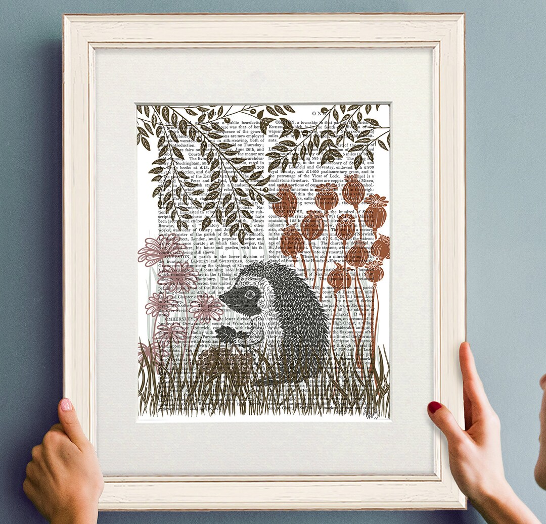 Hedgehog Picture, Woodland Critter, Lino Cut Style, Country Garden
