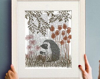 Gravura botânica de ouriço, arte de animais da floresta, página de livro antigo