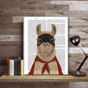 Llama art Alpaca print Whimsical animal Funny gifts for boys Nerd room decor Fantasy art Kids room wall art Book page - Super llama print