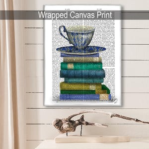 Book lover gift Teacup & Books Cup of tea lover cup of coffee lover book nerd library print bookworm gift for book lover teal room decor image 6