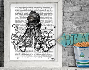 Steampunk Art Print Octopus Print, Diving helment scuba wall art wall decor upcycled recycled dictionary book page art