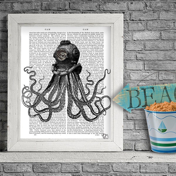 Steampunk Art Print Octopus Print, Diving helment scuba wall art wall decor upcycled recycled dictionary book page art