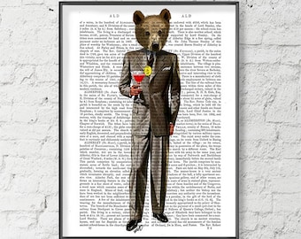 Gift idea for him Bear with a Cocktail Original Illustration Art Print Painting Wall Art Wall Decor Wall Hanging bear print bear picture