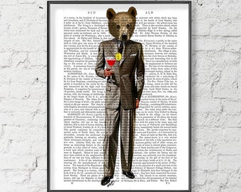 Cocktail Bear Art Print on Antiquarian Book Page