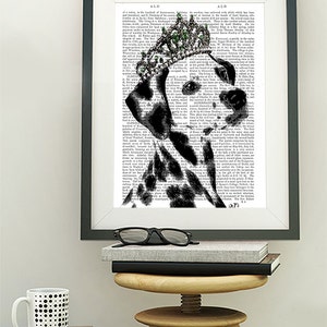 May include: Black and white illustration of a Dalmatian dog wearing a jeweled crown. The dog is looking to the right. The illustration is superimposed on a page of text.