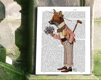 Fuchs im Boater Hut Druck – Elegantes Fuchs Porträt, Antiquarische Buchkunst
