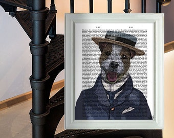 May include: A framed print featuring a dog wearing a hat and suit, set against a backdrop of vintage book pages. The dog has a brown and white coat and is smiling. The frame is light gray.