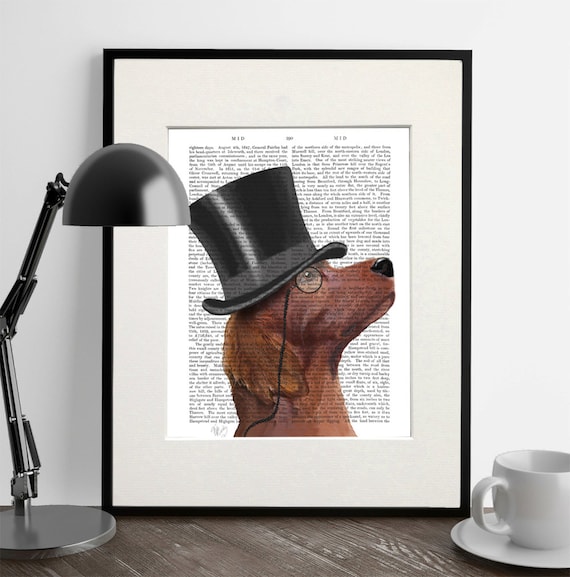 Red Setter Dog Print – Formal Hound with Top Hat, Antiquarian Book Art