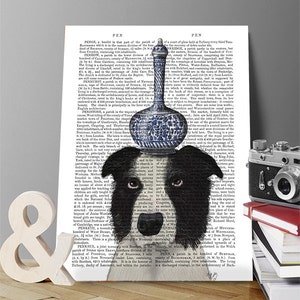 Border Collie Art Print - Blue and white Vase on Head - Living room décor bedroom wall décor chinese vase whimsical art dog art dog lover