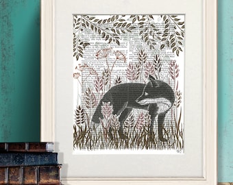 Fox Illustration, Country home decor, Lino cut style, Nursery wall art, Gift for her, Woodland painting, Animal art print, Wildlife decor