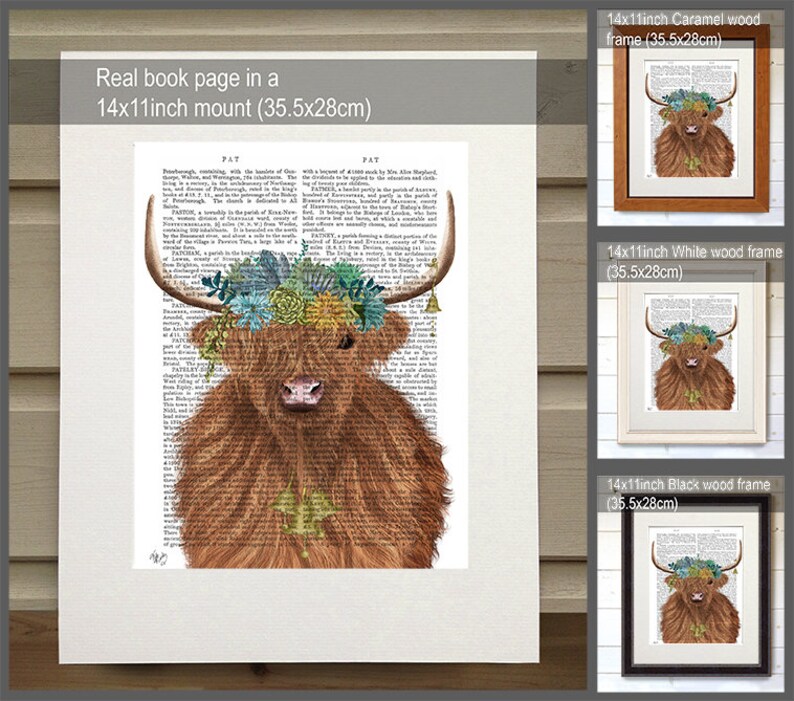 May include: A Highland cow with a floral crown on a book page background. The image is available in three frame options: caramel wood, white wood, and black wood. Each frame measures 14x11 inches (35.5x28 cm).