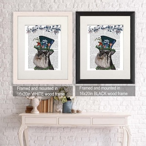 May include: Two framed prints of a dog wearing a hat with mushrooms on top. The print on the left is framed in white and the print on the right is framed in black. Both prints are 16x20 inches.