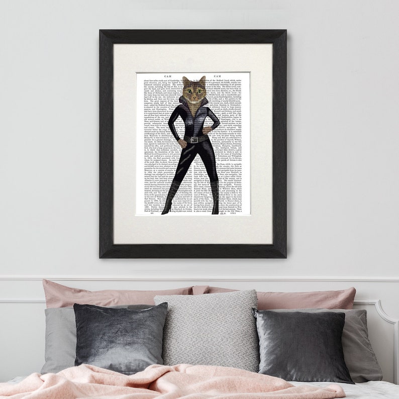 Cat in leather catsuit cat poster cat decor cat illustration cat picture cat gift cat lover cat art wall art cat print bondage bdsm kinky 