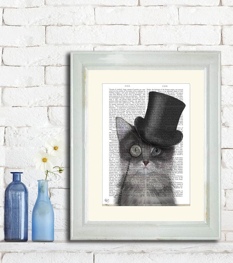 Grey Cat Wall Art Top Hat Cat Home Decor Cute Gift Cat Etsy