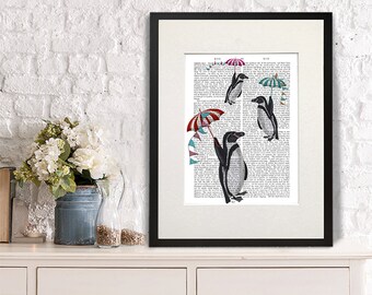 Pinguin Kunstdruck - Fliegende Pinguine mit Regenschirmen auf antiquarischer Buchseite
