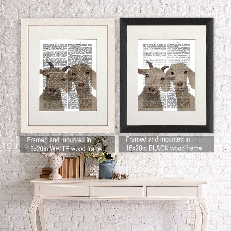 May include: Two framed prints of goats with their heads together, one with a white frame and the other with a black frame. The prints are mounted on a white wall above a white table with a vase of flowers and books.