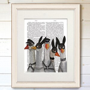 May include: Five geese wearing black and white masks and leather harnesses. The geese are standing in a row on a page of a vintage book. The text on the page is about the history of the town of Pen.
