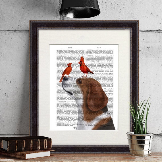 Beagle dog gift- Beagle red birds - Gift for dog lover Beagle art Dog print poster Beagle mom Painting of dog Beagle lover Beagle print