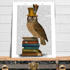 Owl Art - Owl on Books - Owl picture Owl Painting Book lover gift book nerd Library décor library print gift for teacher owl top hat print