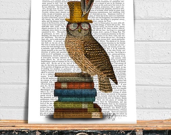 Owl Art - Owl on Books - Owl picture Owl Painting Book lover gift book nerd Library décor library print gift for teacher owl top hat print