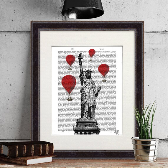 Statue of Liberty, New York gift, Red Hot Air Balloons, Architecture print, Dictionary print, New York print, New York souvenir, Book page