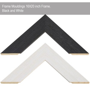 May include: Two picture frame mouldings, one black and one white, both with a woodgrain texture. The frames are 16x20 inches.