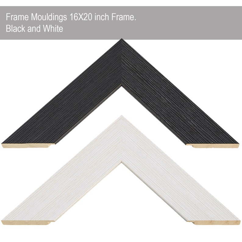 May include: Two picture frame mouldings, one black and one white, both with a woodgrain texture. The frames are 16x20 inches.