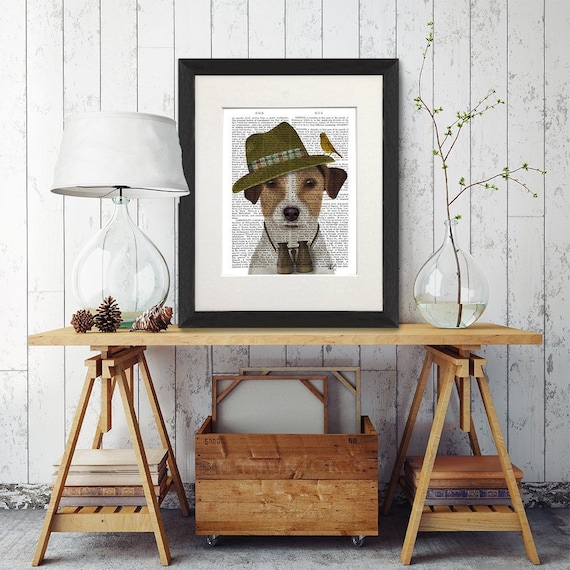 Jack Russell Birdwatcher Print – Terrier Dog Illustration on Antiquarian Book Page