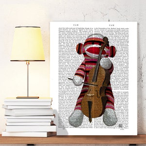 Sock Monkey Cello Art - Sock monkey room décor sock monkey picture sock monkey gift for musician musical decor gift for music lover nursery