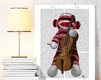 Sock Monkey Cello Art - Sock monkey room décor sock monkey picture sock monkey gift for musician musical decor gift for music lover nursery