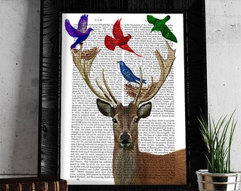 Deer and Birds Nest - Deer print Woodland deer art Country kitchen décor bedroom wall décor Whimsical art Colorful art gift for bird lover